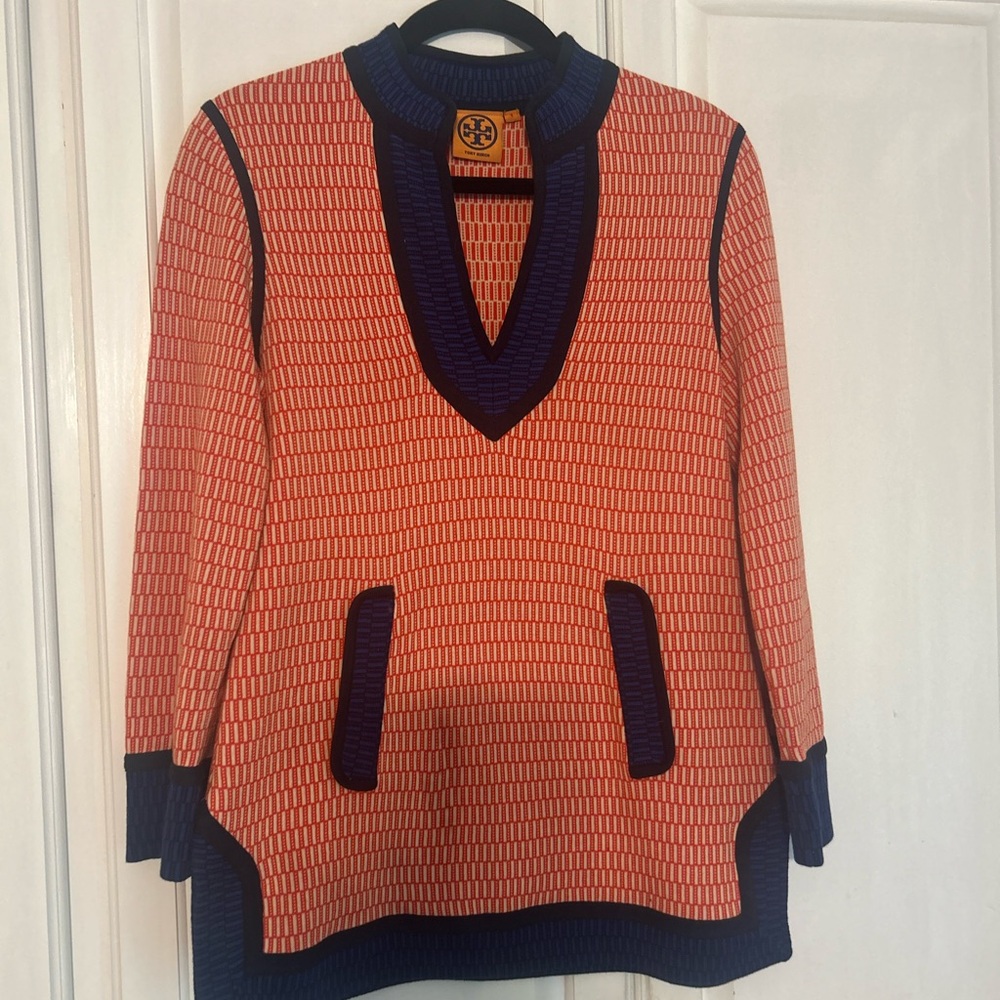 Tory Burch V-Neck Sweater in Orange and Navy